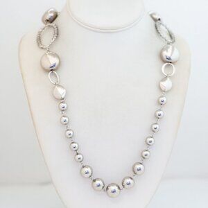 30 inch, Vintage Hollow Sphere Beads Silver Tone Necklace - T24
